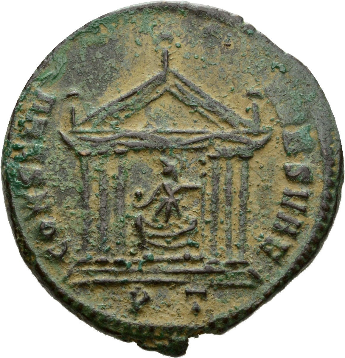 RIC VI Ticinum 100 Maxentius reverse, Roma, draped, seated front, head left, in hexastyle temple, holding globe in right h...