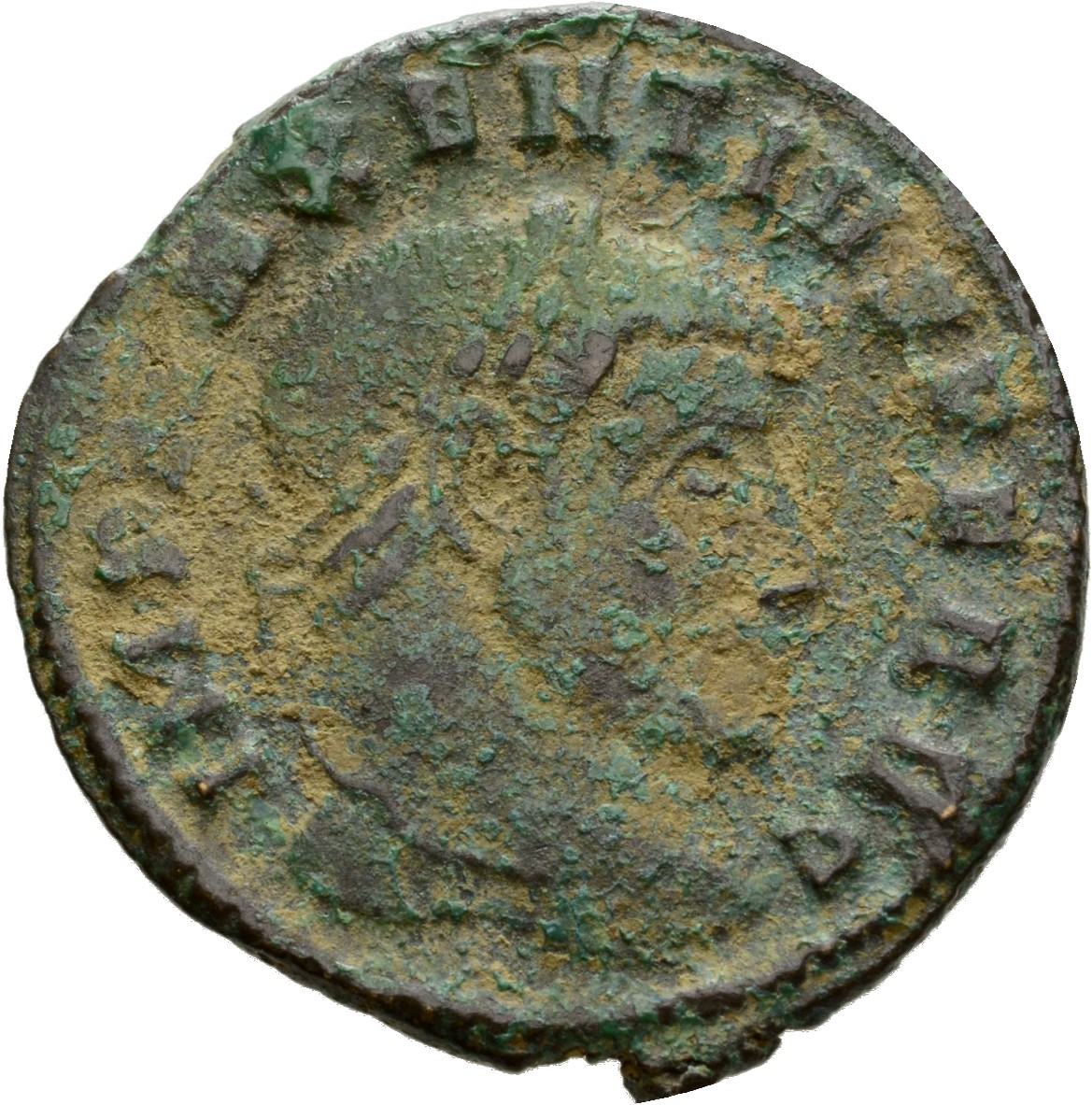 RIC VI Ticinum 100 Maxentius obverse, Head of Maxentius, laureate, right
