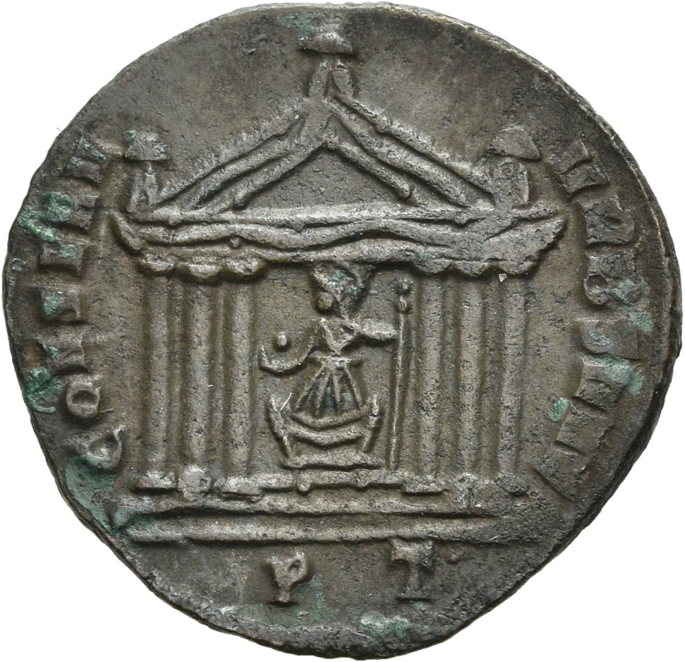RIC VI Ticinum 102 Maxentius reverse, Roma, draped, seated front, head left, in hexastyle temple, holding globe in right h...