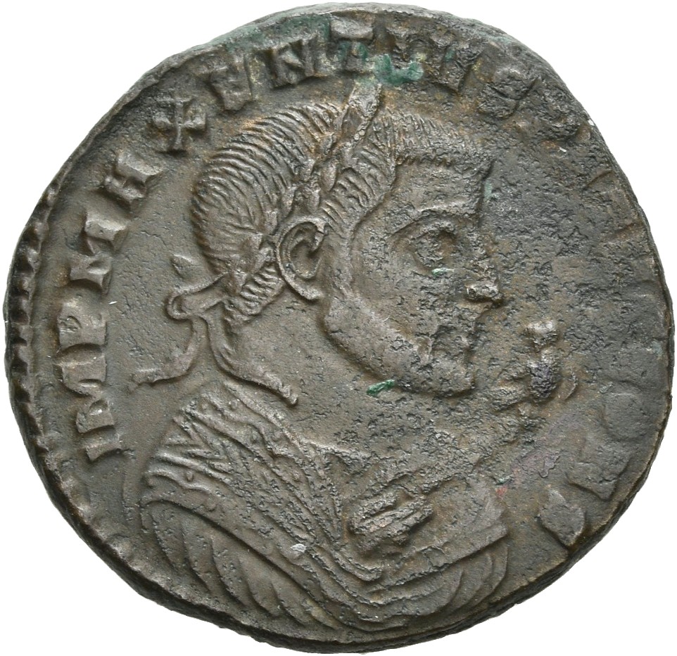RIC VI Ticinum 102 Maxentius obverse, Bust of Maxentius, laureate, wearing imperial mantle, right, holding eagle-tipped sc...
