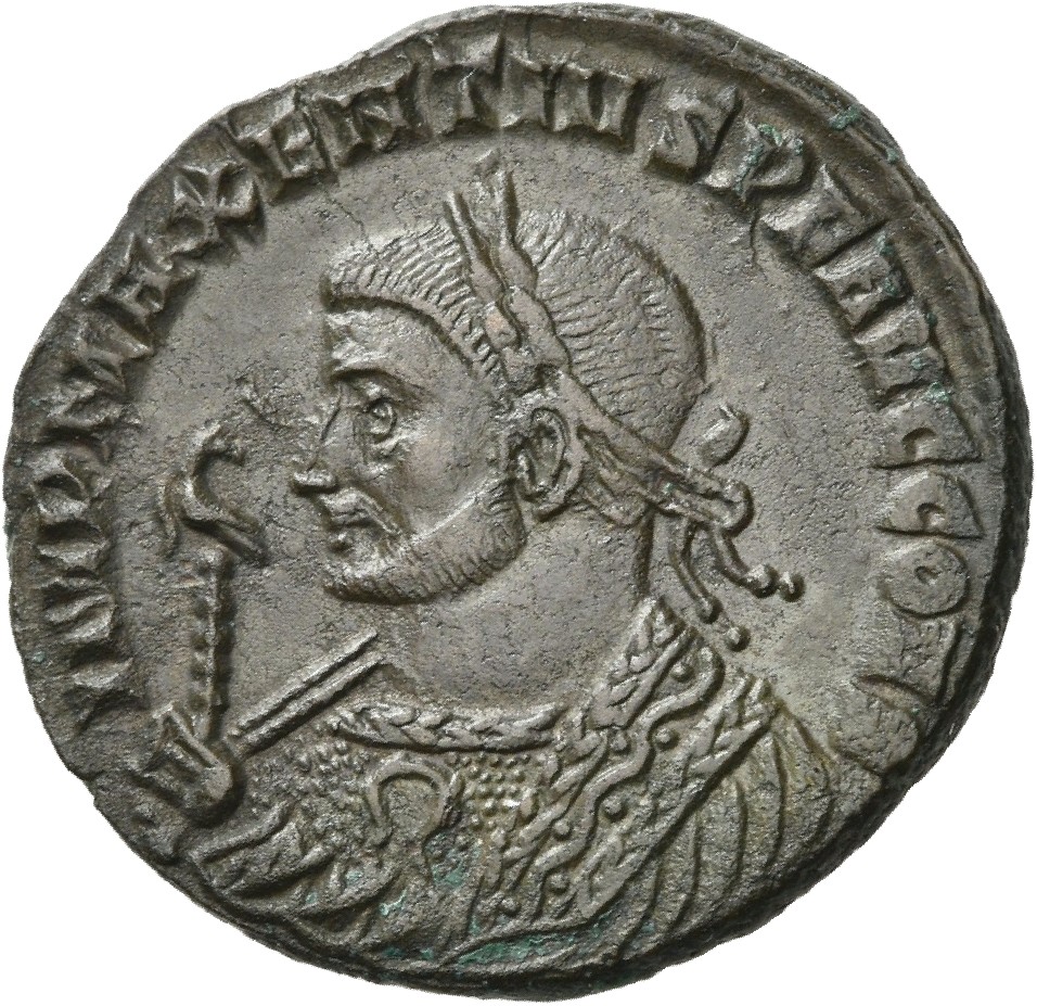 RIC VI Ticinum 103 Maxentius obverse, Bust of Maxentius, laureate, wearing imperial mantle, left, holding eagle-tipped sce...