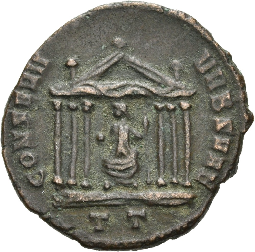 RIC VI Ticinum 103 Maxentius reverse, Roma, draped, seated front, head left, in hexastyle temple, holding globe in right h...