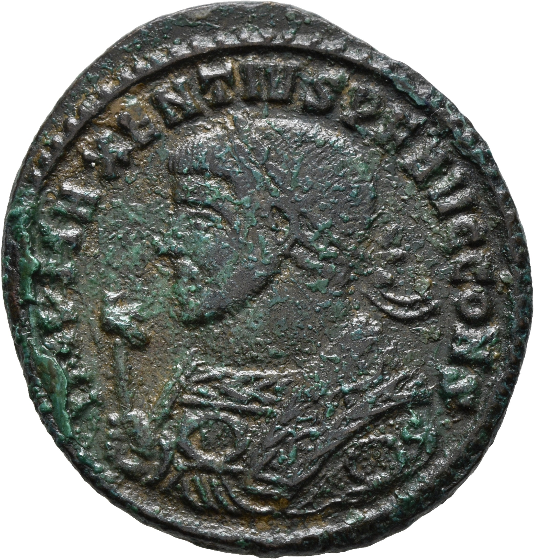 RIC VI Ticinum 103 Maxentius obverse — Bust of Maxentius, laureate, wearing imperial mantle, left, holding eagle-tipped sc...