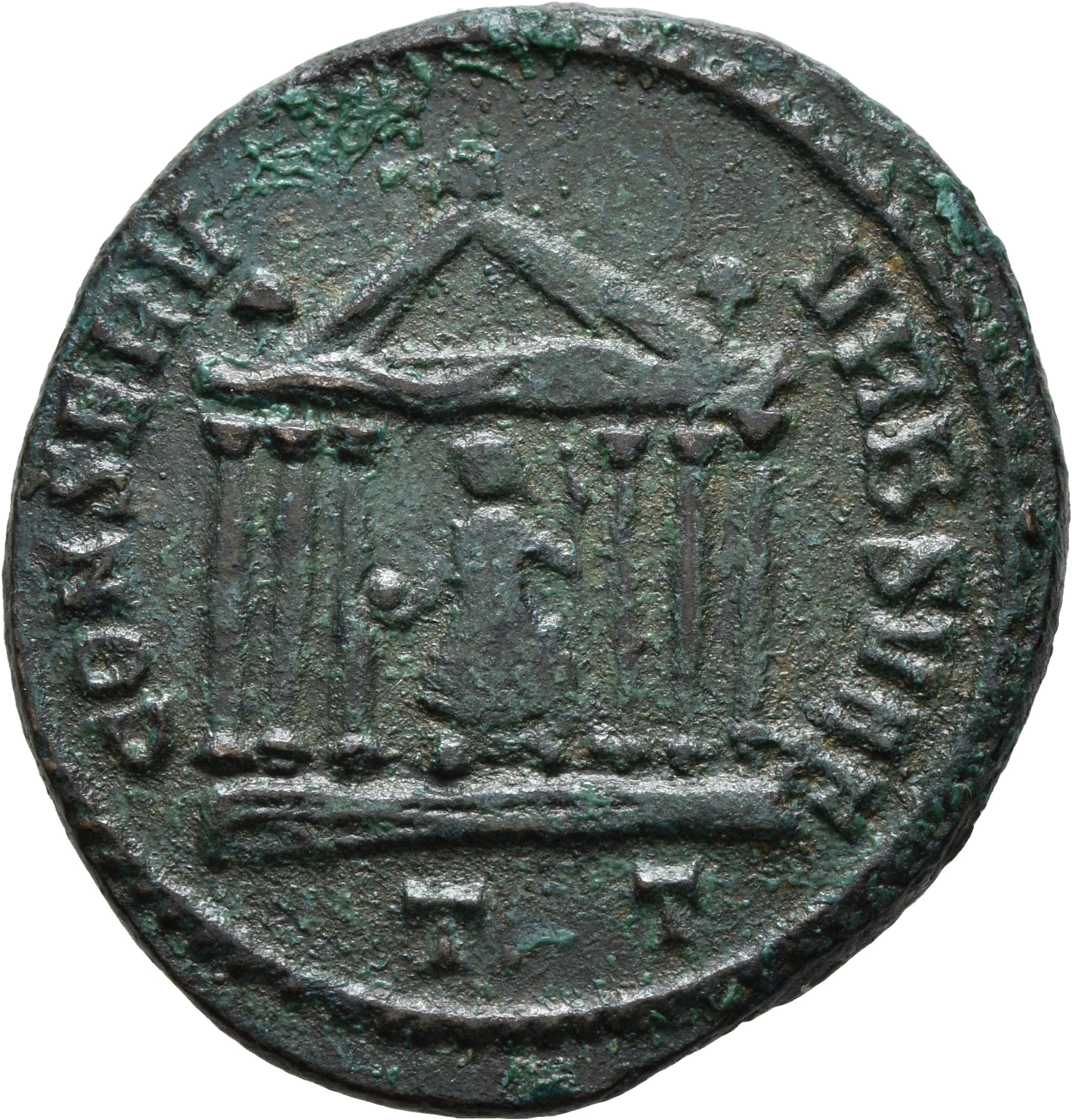 RIC VI Ticinum 103 Maxentius reverse — Roma, draped, seated front, head left, in hexastyle temple, holding globe in right ...