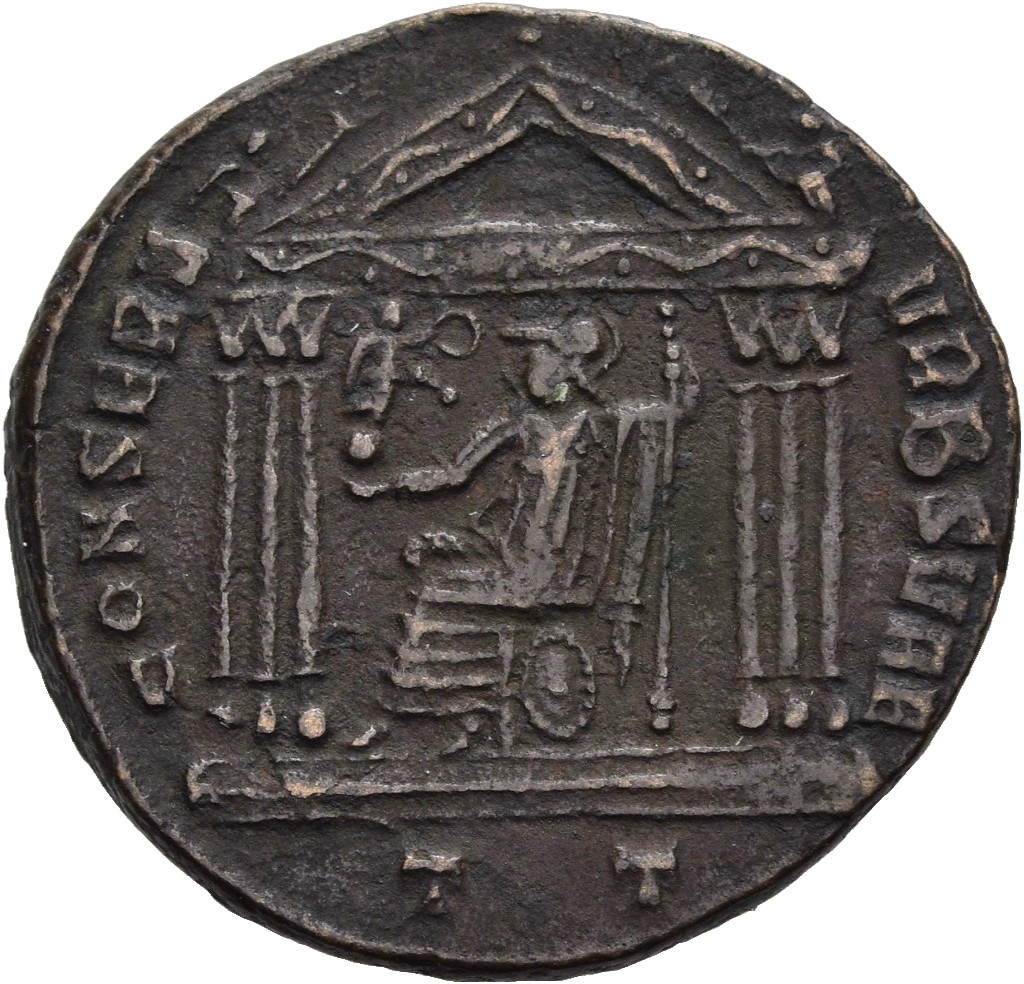 RIC VI Ticinum 105 Maxentius reverse, Roma, draped, seated left on shield, in hexastyle temple, holding Victory on globe i...