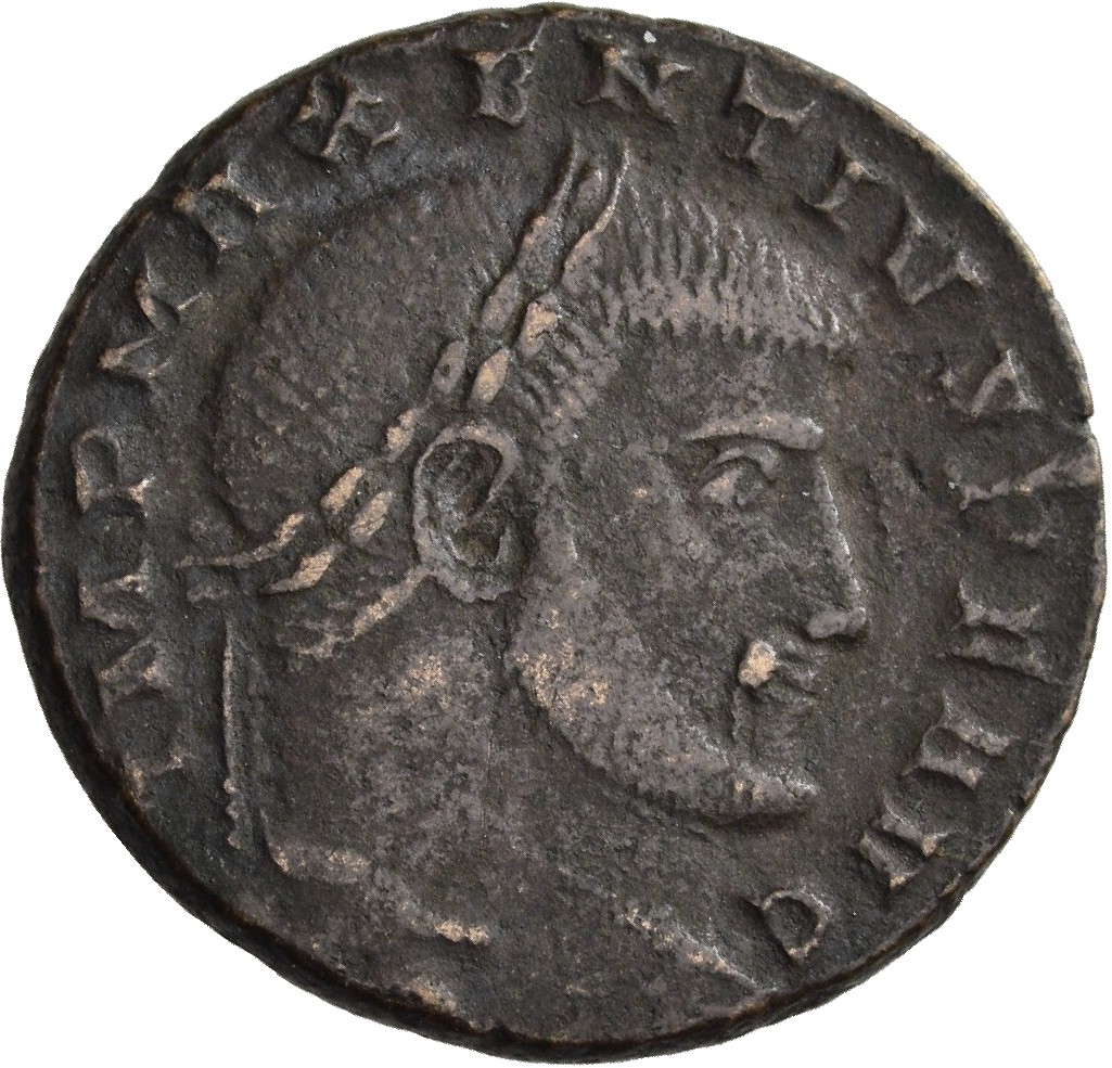 RIC VI Ticinum 105 Maxentius obverse, Head of Maxentius, laureate, right