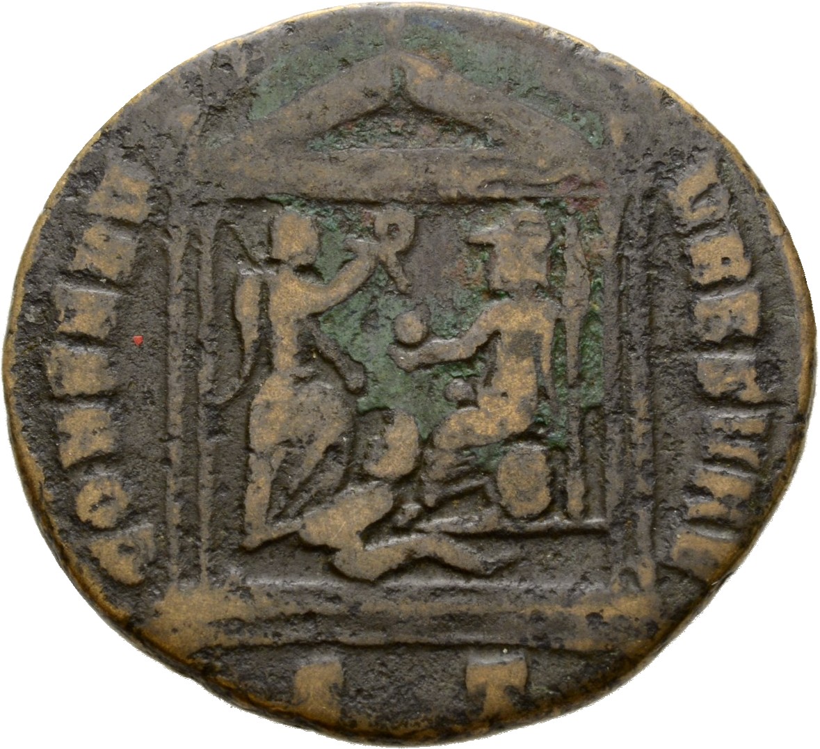 RIC VI Ticinum 106 Maxentius reverse, Victory, winged, draped, advancing right, crowning Roma with right hand and holding ...
