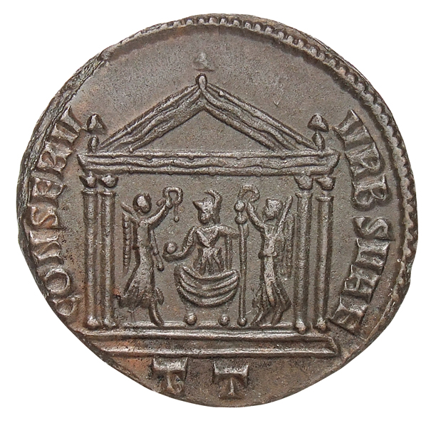 RIC VI Ticinum 109 Maxentius reverse, Roma, draped, seated front, in tetrastyle temple, holding globe in right hand and sc...