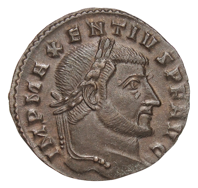RIC VI Ticinum 109 Maxentius obverse, Head of Maxentius, laureate, right