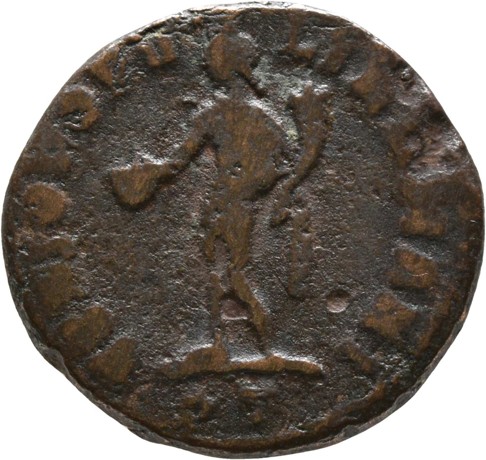 RIC VI Ticinum 117 Constantine I reverse, Genius, wearing modius, nude, chlamys draped over left shoulder, standing left, ...