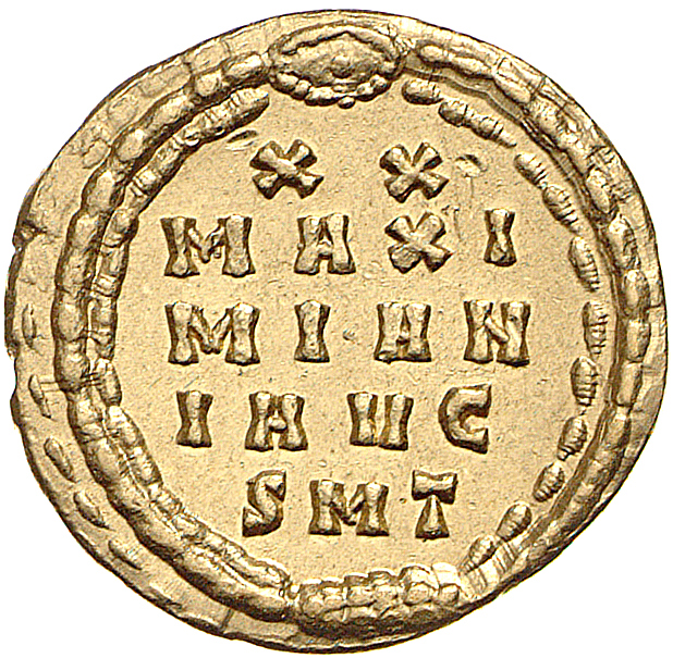 RIC VI Ticinum 11b Maximian reverse, XX / MAXI/MIAN/I AVG / SMT within a wreath