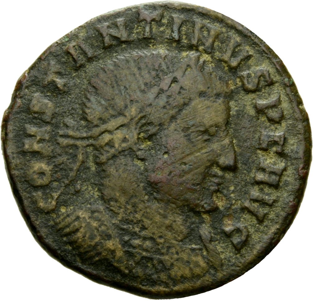 RIC VI Ticinum 124a Constantine I obverse, Bust of Constantine I, laureate, cuirassed, right