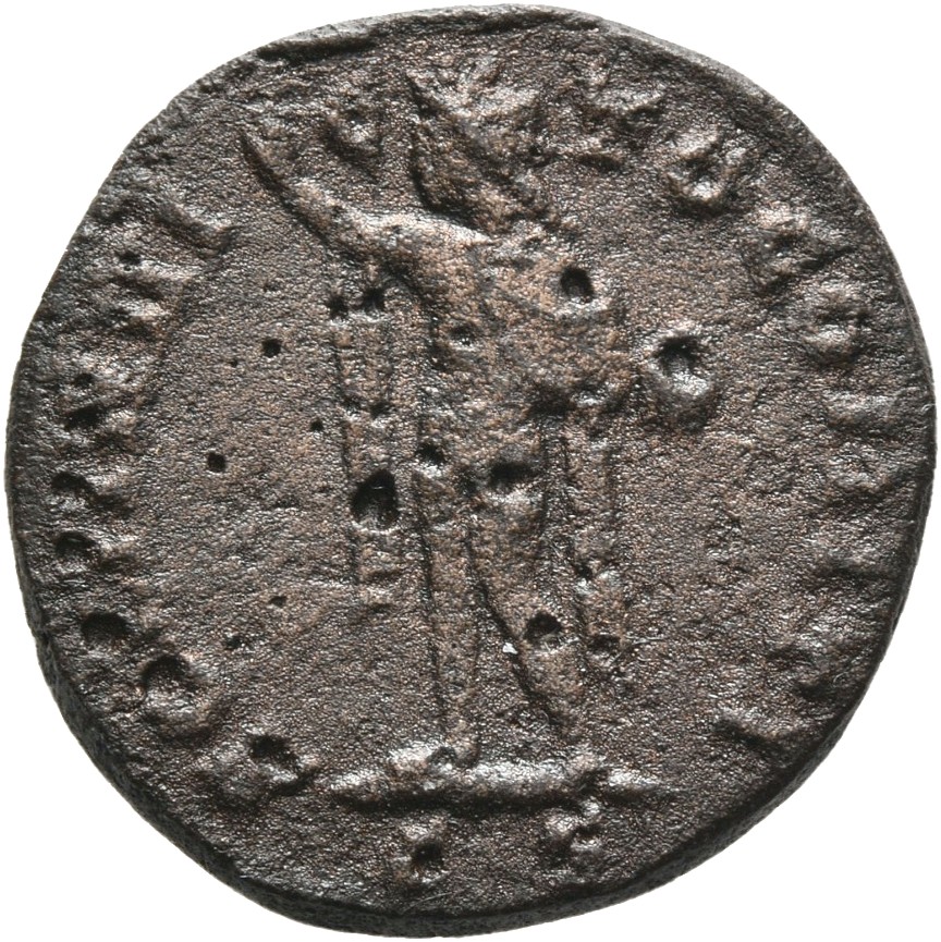 RIC VI Ticinum 128 Constantine I reverse, Sol, chlamys draped over left shoulder, standing left, raising right hand and ho...