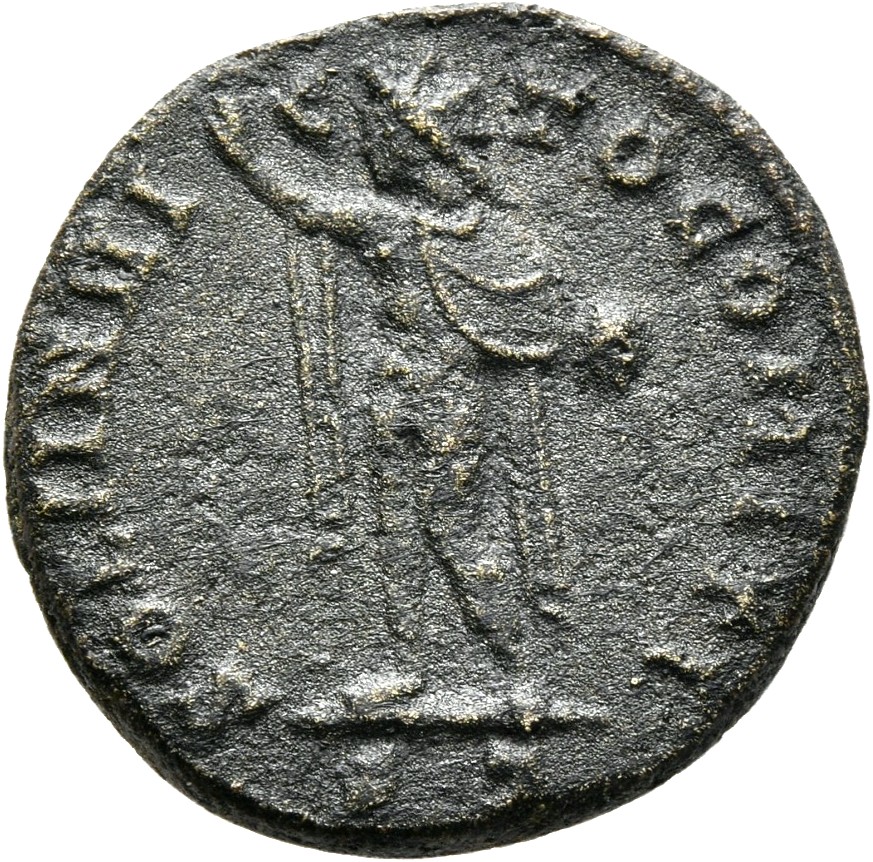 RIC VI Ticinum 128 Constantine I reverse — Sol, chlamys draped over left shoulder, standing left, raising right hand and h...