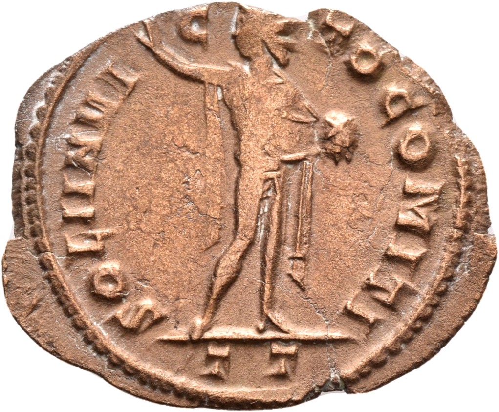 RIC VI Ticinum 135b Constantine I reverse — Sol, chlamys draped over left shoulder and hanging behind, standing right, hea...