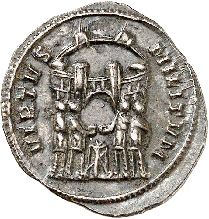 RIC VI Ticinum 14a Maximian reverse, Diocletian, Maximian, Constantius Chlorus, and Galerius, draped, sacrificing over tri...