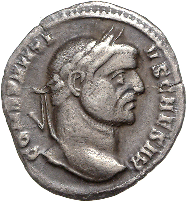 RIC VI Ticinum 15a Maximian obverse, Head of Constantius Chlorus, laureate, right