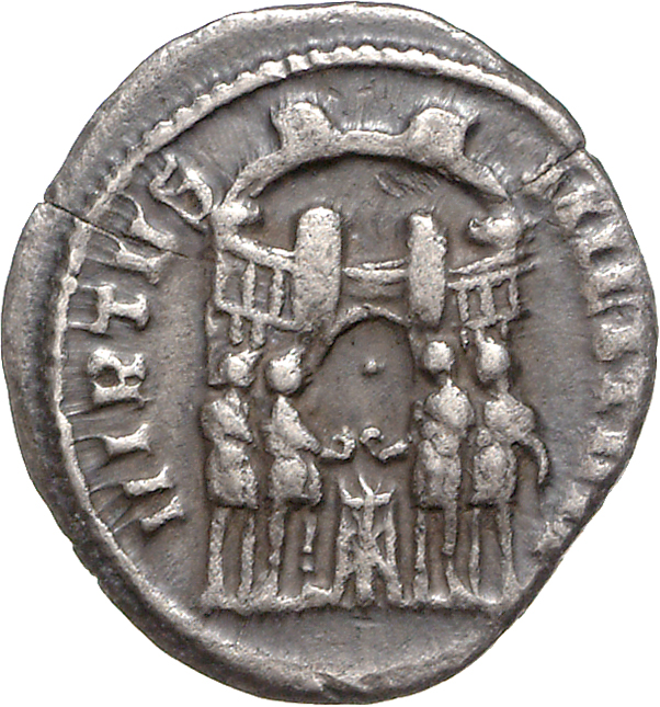 RIC VI Ticinum 15a Maximian reverse, Diocletian, Maximian, Constantius Chlorus, and Galerius, draped, sacrificing over tri...