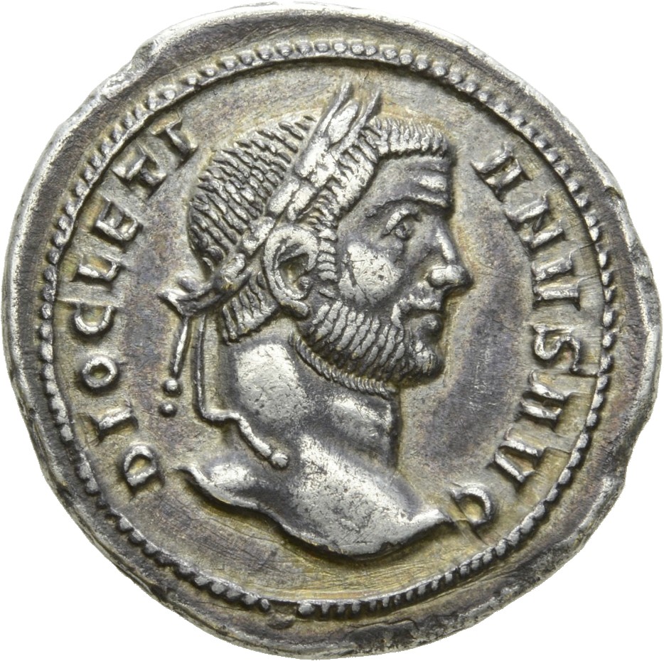 RIC VI Ticinum 16a Maximian obverse, Head of Diocletian, laureate, right