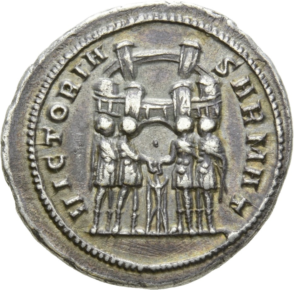 RIC VI Ticinum 16a Maximian reverse, Diocletian, Maximian, Constantius Chlorus, and Galerius, draped, sacrificing over tri...