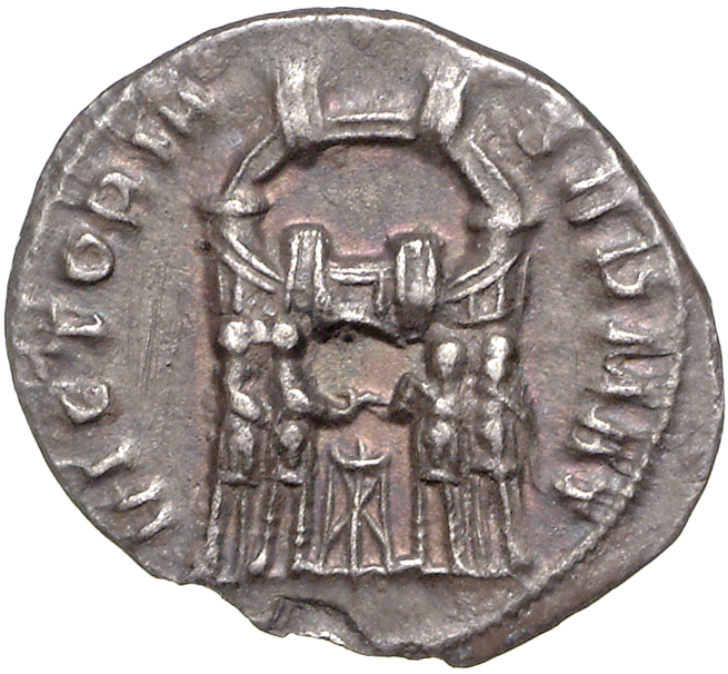RIC VI Ticinum 16b Maximian reverse, Diocletian, Maximian, Constantius Chlorus, and Galerius, draped, sacrificing over tri...