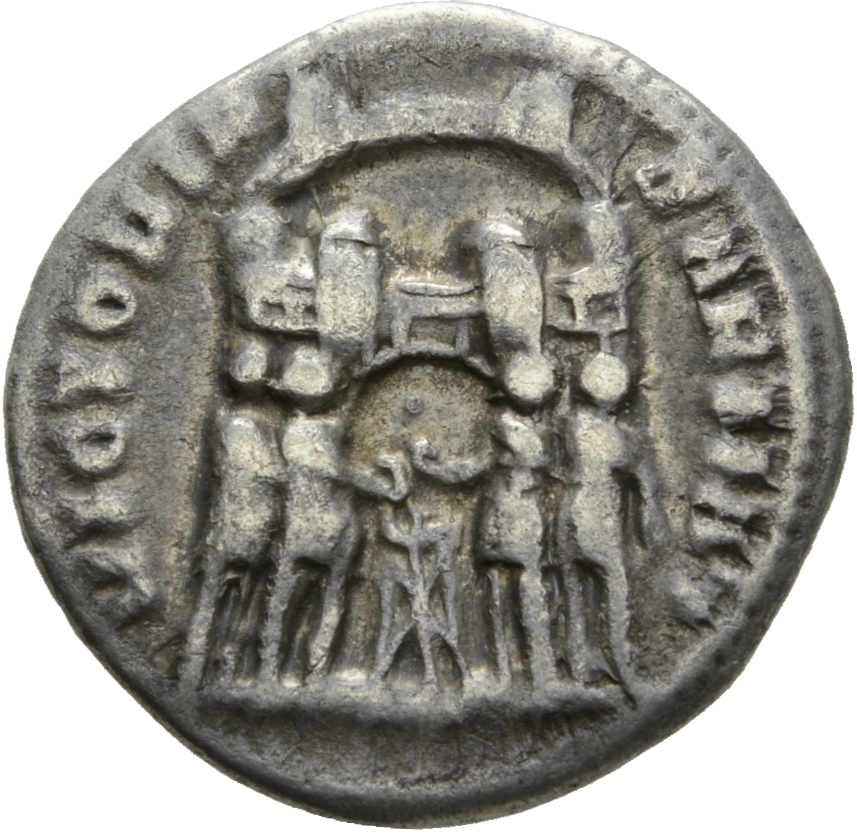 RIC VI Ticinum 17a Maximian reverse, Diocletian, Maximian, Constantius Chlorus, and Galerius, draped, sacrificing over tri...