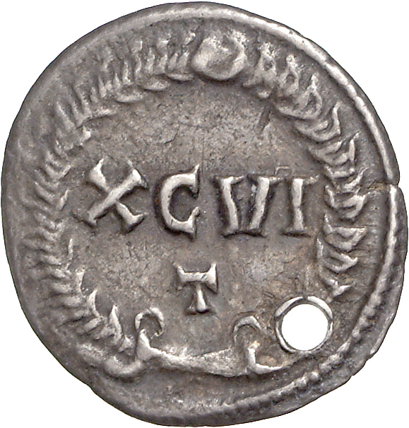 RIC VI Ticinum 20b Maximian reverse, XCVI/T within a wreath