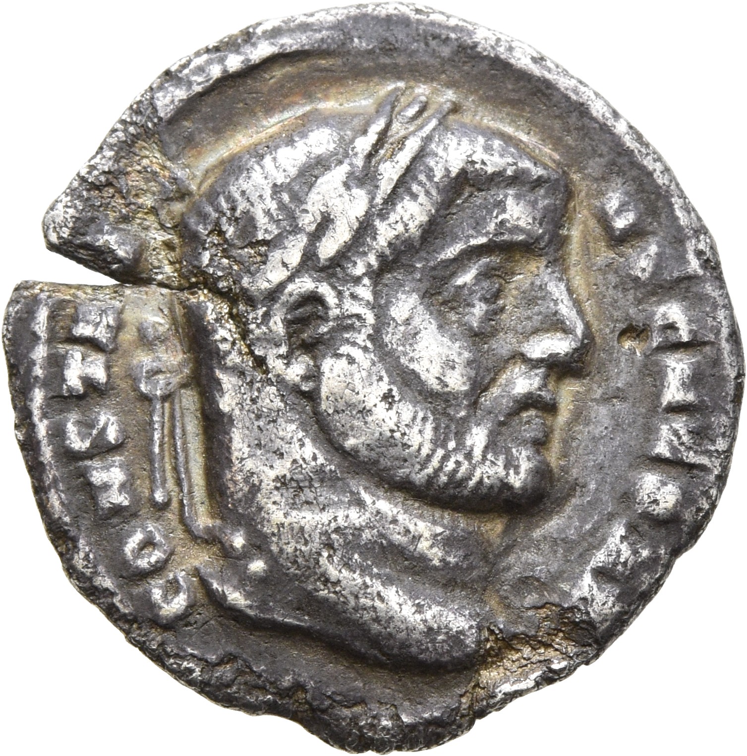 RIC VI Ticinum 21a Maximian obverse, Head of Constantius Chlorus, laureate, right
