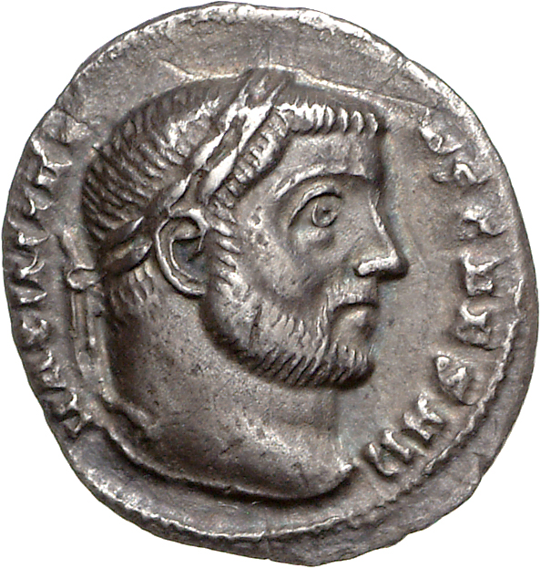 RIC VI Ticinum 21b Maximian obverse, Head of Galerius, laureate, right