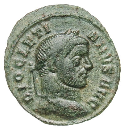 RIC VI Ticinum 27a Maximian obverse, Head of Diocletian, laureate, right