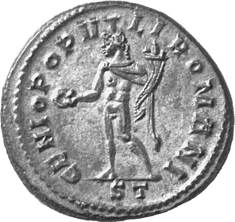 RIC VI Ticinum 29a Maximian reverse, Genius, wearing modius, nude, chlamys draped over left shoulder, standing left, holdi...