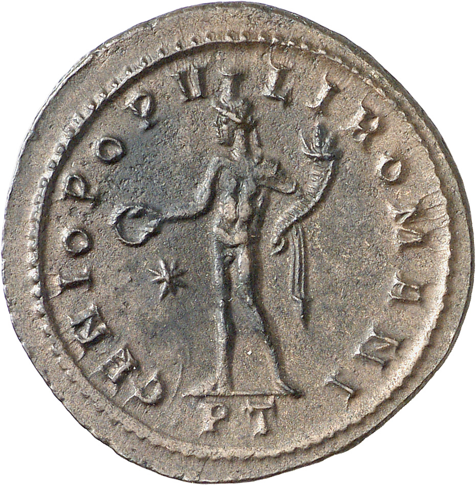 RIC VI Ticinum 31a Maximian reverse, Genius, wearing modius, nude, chlamys draped over left shoulder, standing left, holdi...