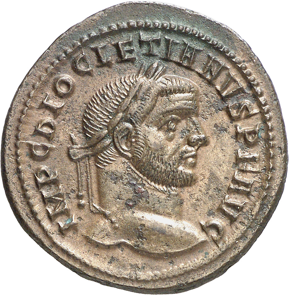 RIC VI Ticinum 31a Maximian obverse, Head of Diocletian, laureate, right