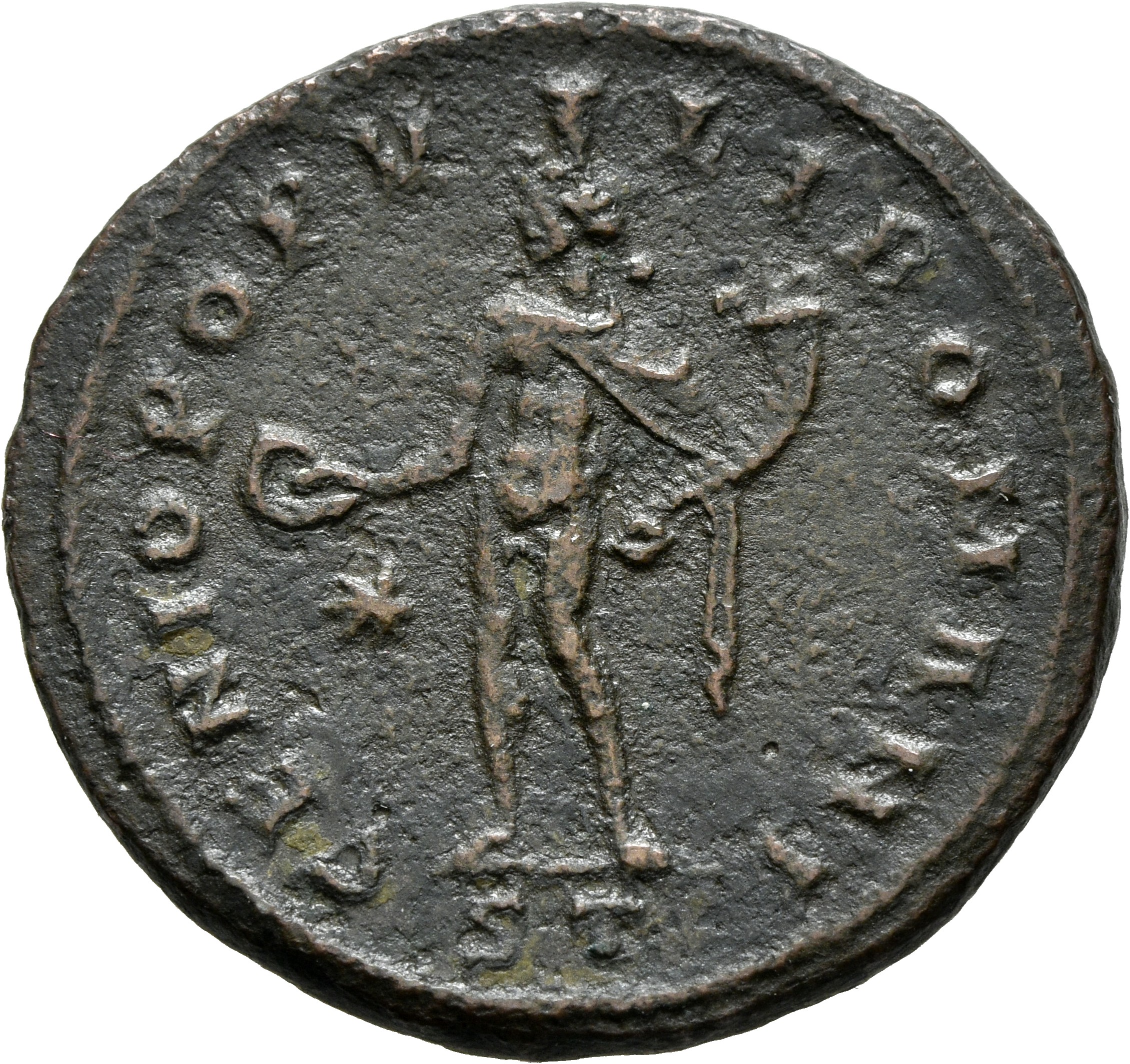 RIC VI Ticinum 31a Maximian reverse, Genius, wearing modius, nude, chlamys draped over left shoulder, standing left, holdi...