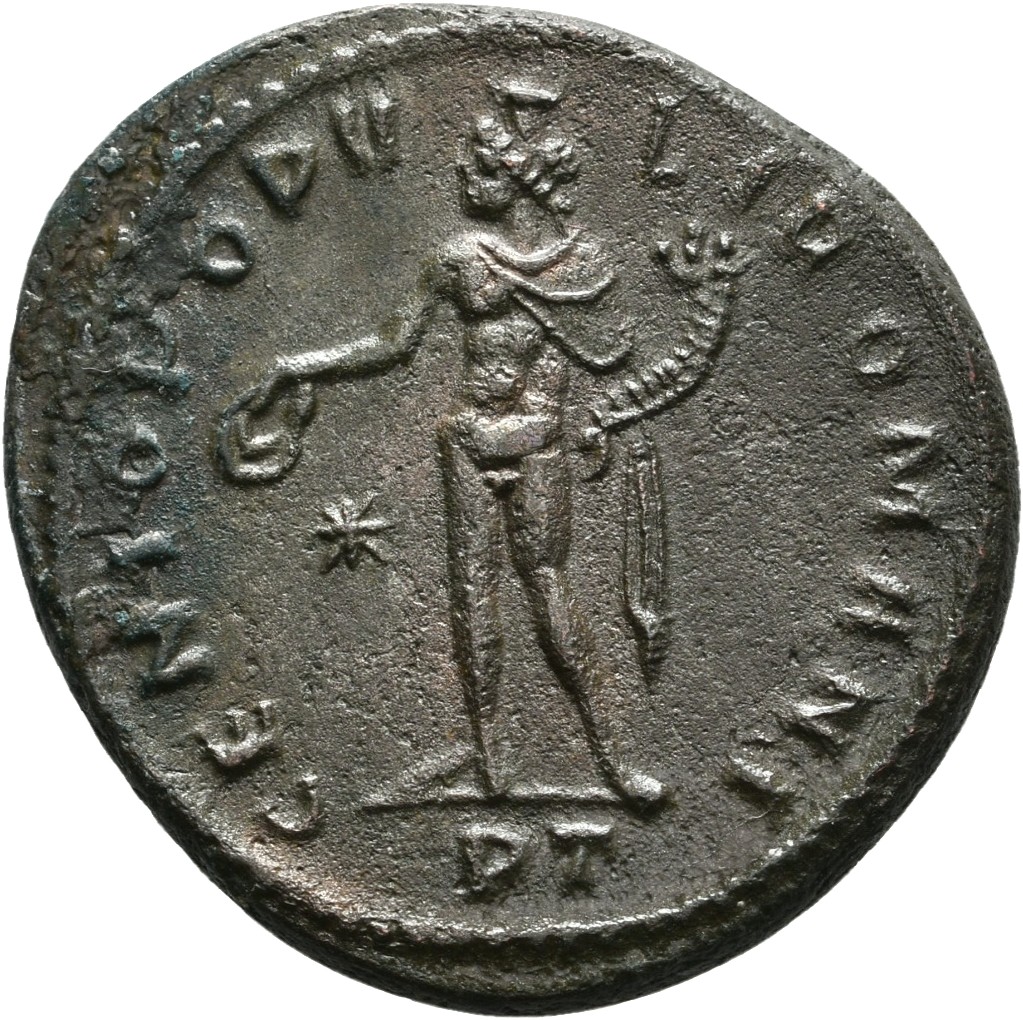 RIC VI Ticinum 31b Maximian reverse, Genius, wearing modius, nude, chlamys draped over left shoulder, standing left, holdi...