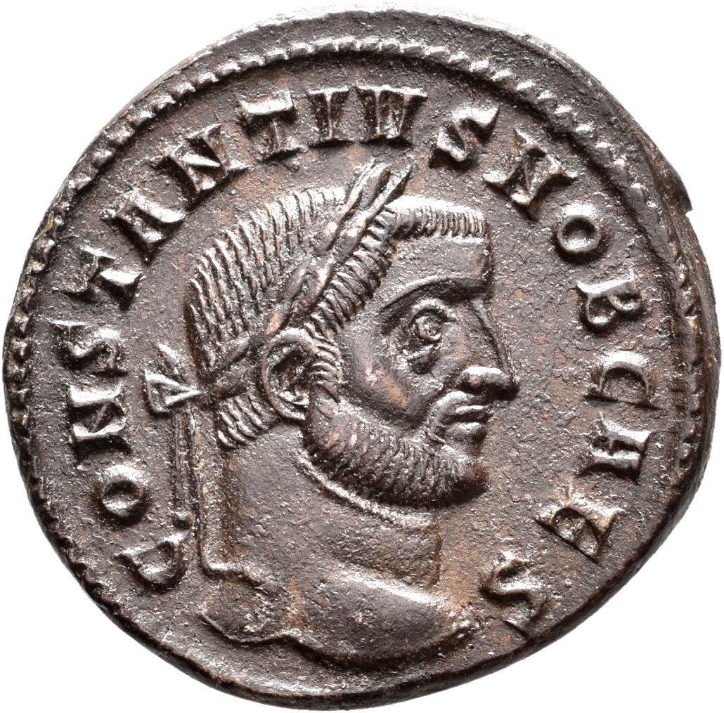RIC VI Ticinum 32a Maximian obverse, Head of Constantius Chlorus, laureate, right