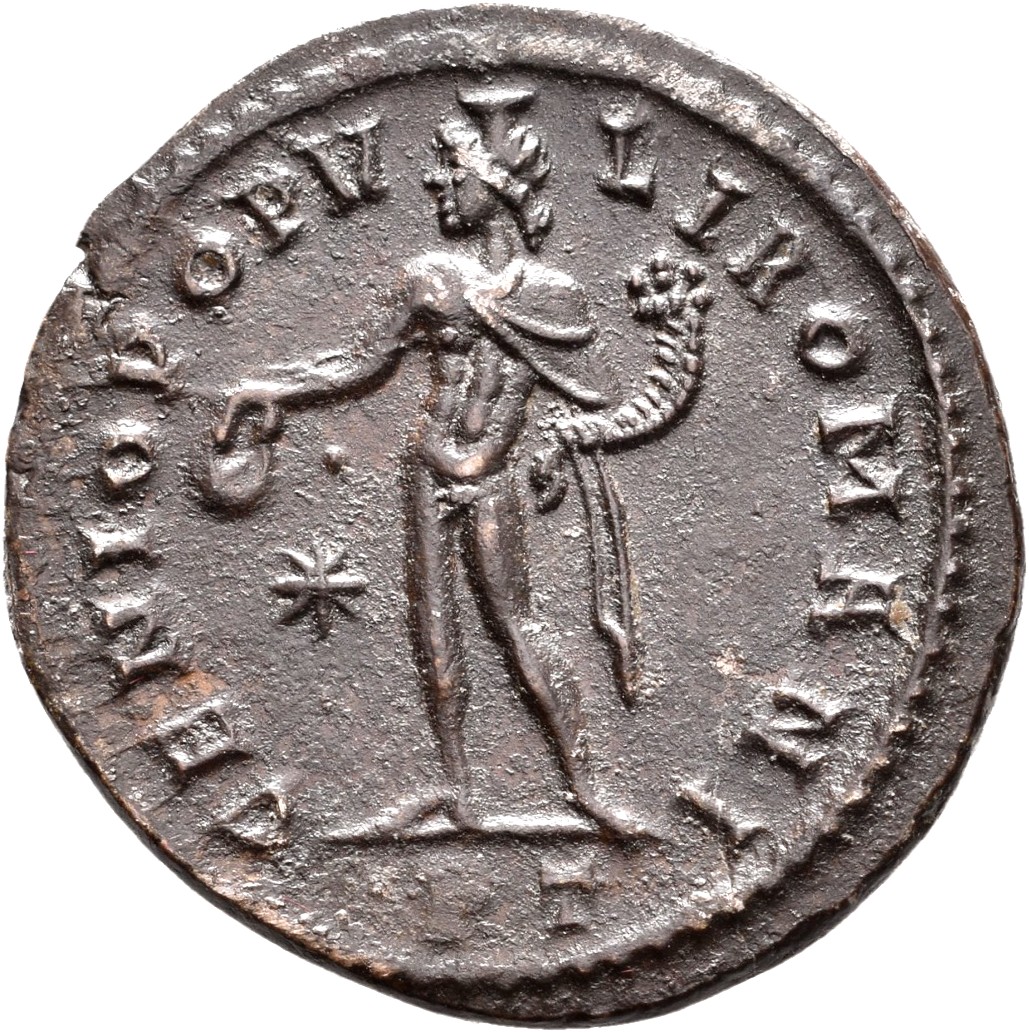 RIC VI Ticinum 32a Maximian reverse, Genius, wearing modius, nude, chlamys draped over left shoulder, standing left, holdi...