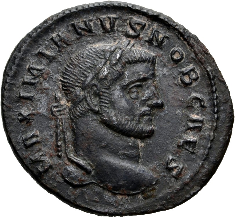 RIC VI Ticinum 32b Maximian obverse, Head of Galerius, laureate, right