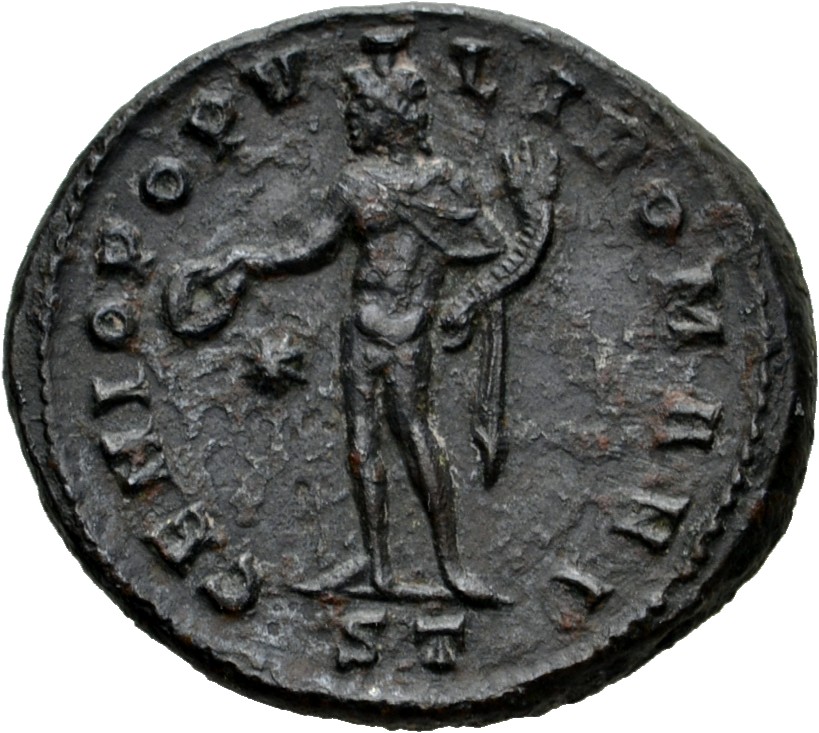 RIC VI Ticinum 32b Maximian reverse, Genius, wearing modius, nude, chlamys draped over left shoulder, standing left, holdi...