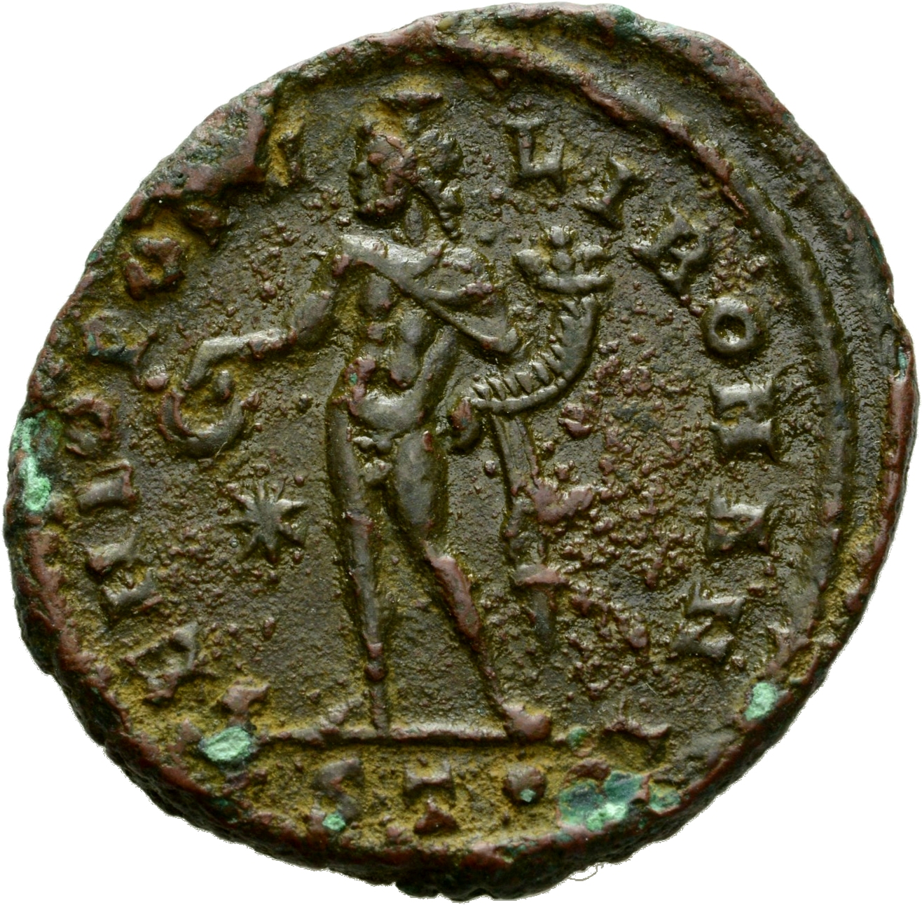 RIC VI Ticinum 33b Maximian reverse, Genius, wearing modius, nude, chlamys draped over left shoulder, standing left, holdi...