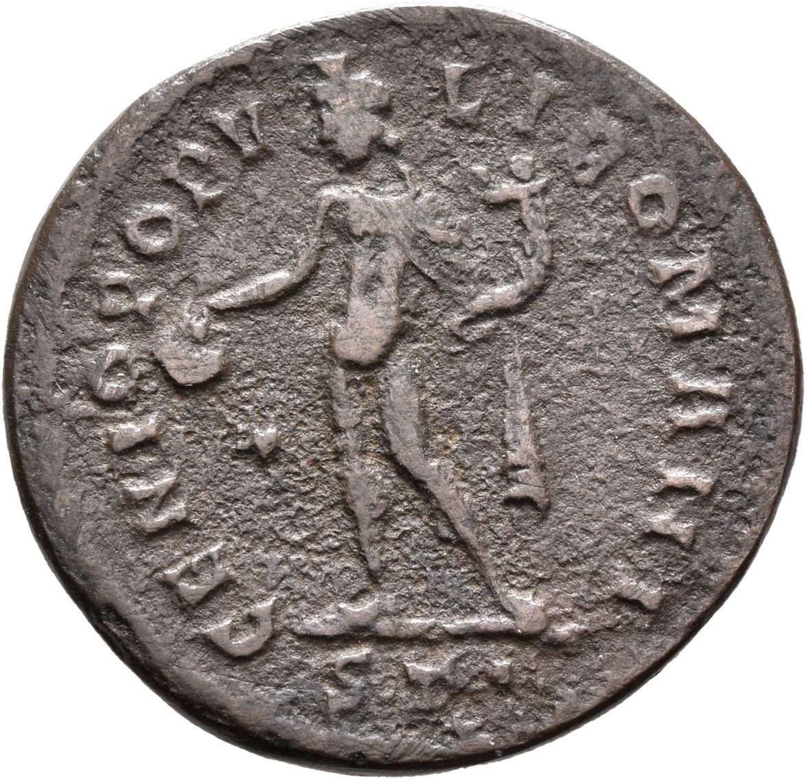RIC VI Ticinum 35b Maximian reverse, Genius, wearing modius, nude, chlamys draped over left shoulder, standing left, holdi...