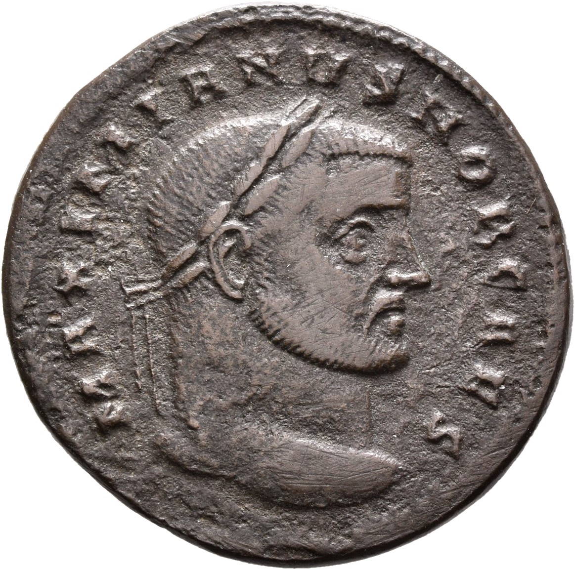 RIC VI Ticinum 35b Maximian obverse, Head of Galerius, laureate, right
