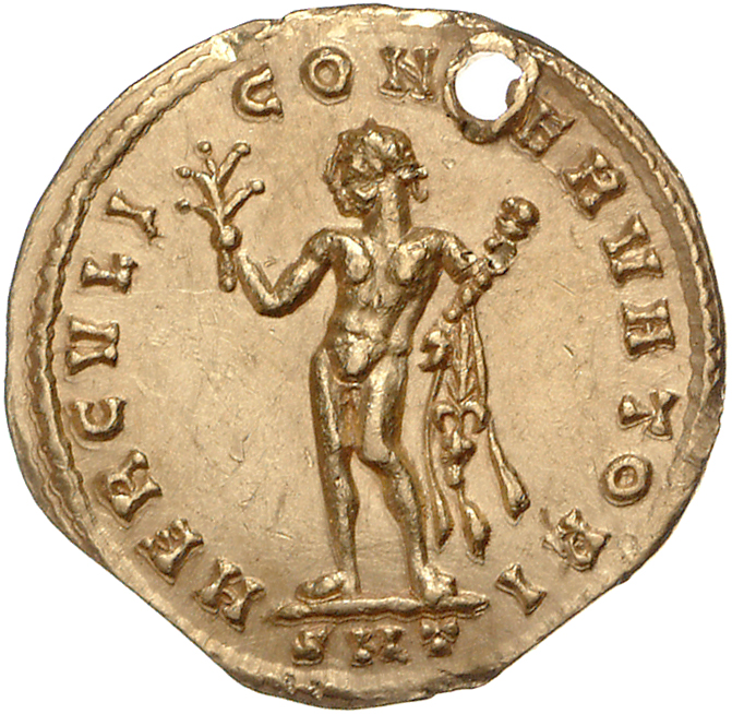 RIC VI Ticinum 4 Maximian reverse, Hercules, standing front, head left, holding olive branch with right hand and holding c...