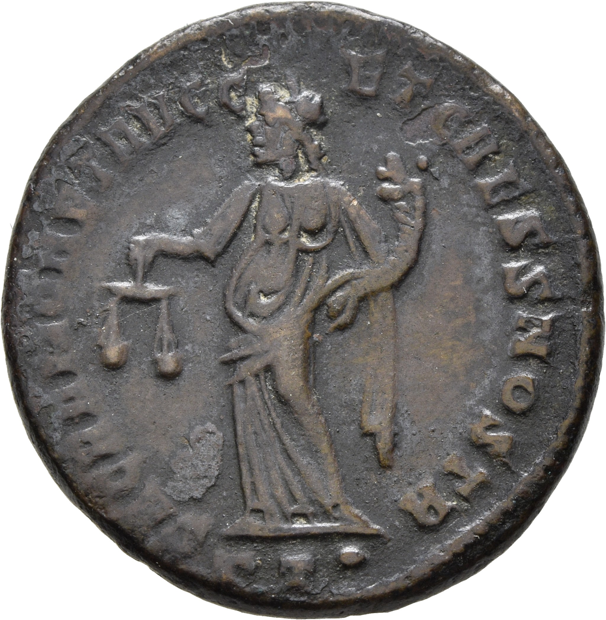 RIC VI Ticinum 43b Maximian reverse, Moneta, draped, standing left, holding scales in right hand and cornucopiae in left hand