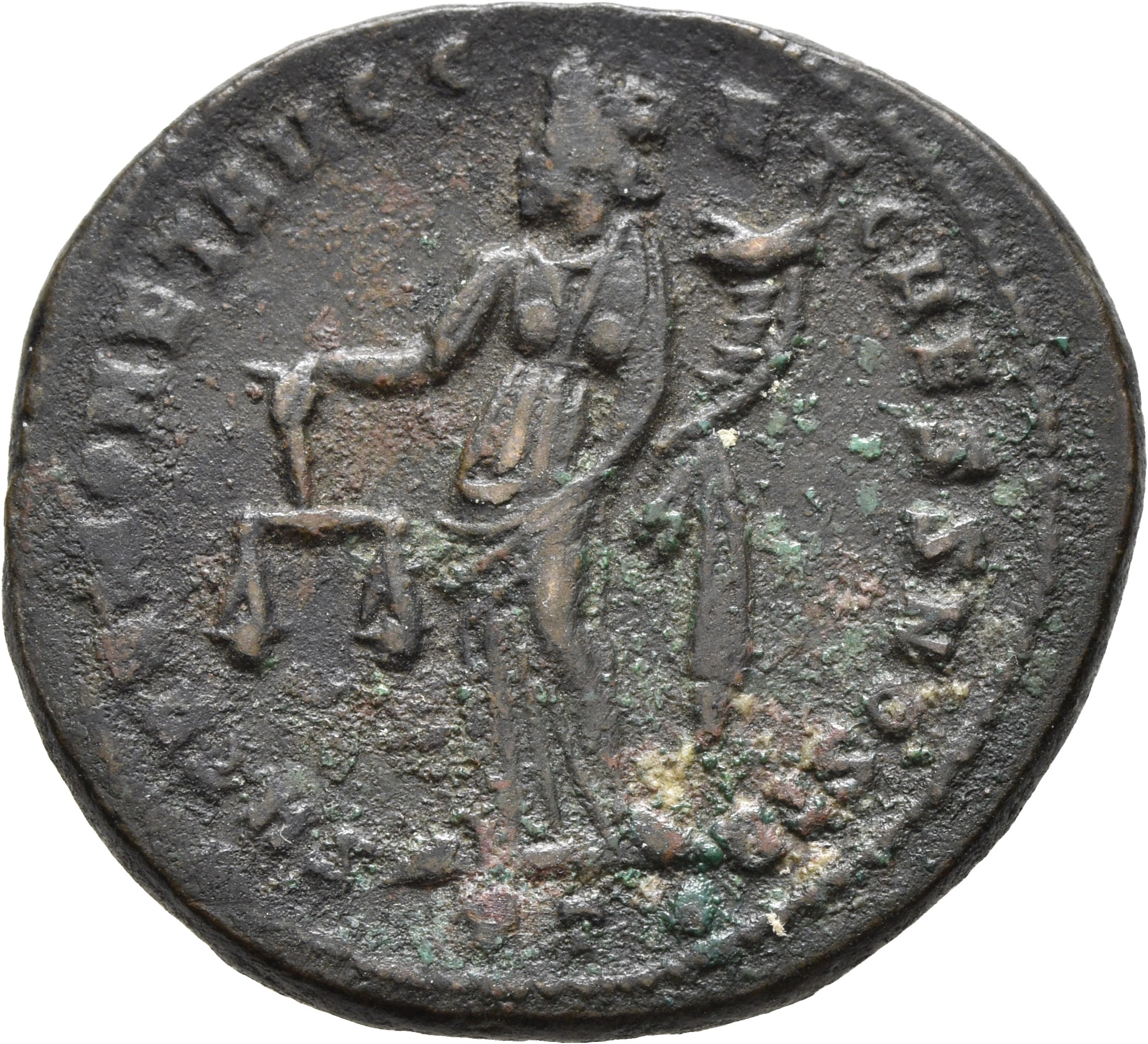 RIC VI Ticinum 44a Maximian reverse, Moneta, draped, standing left, holding scales in right hand and cornucopiae in left hand