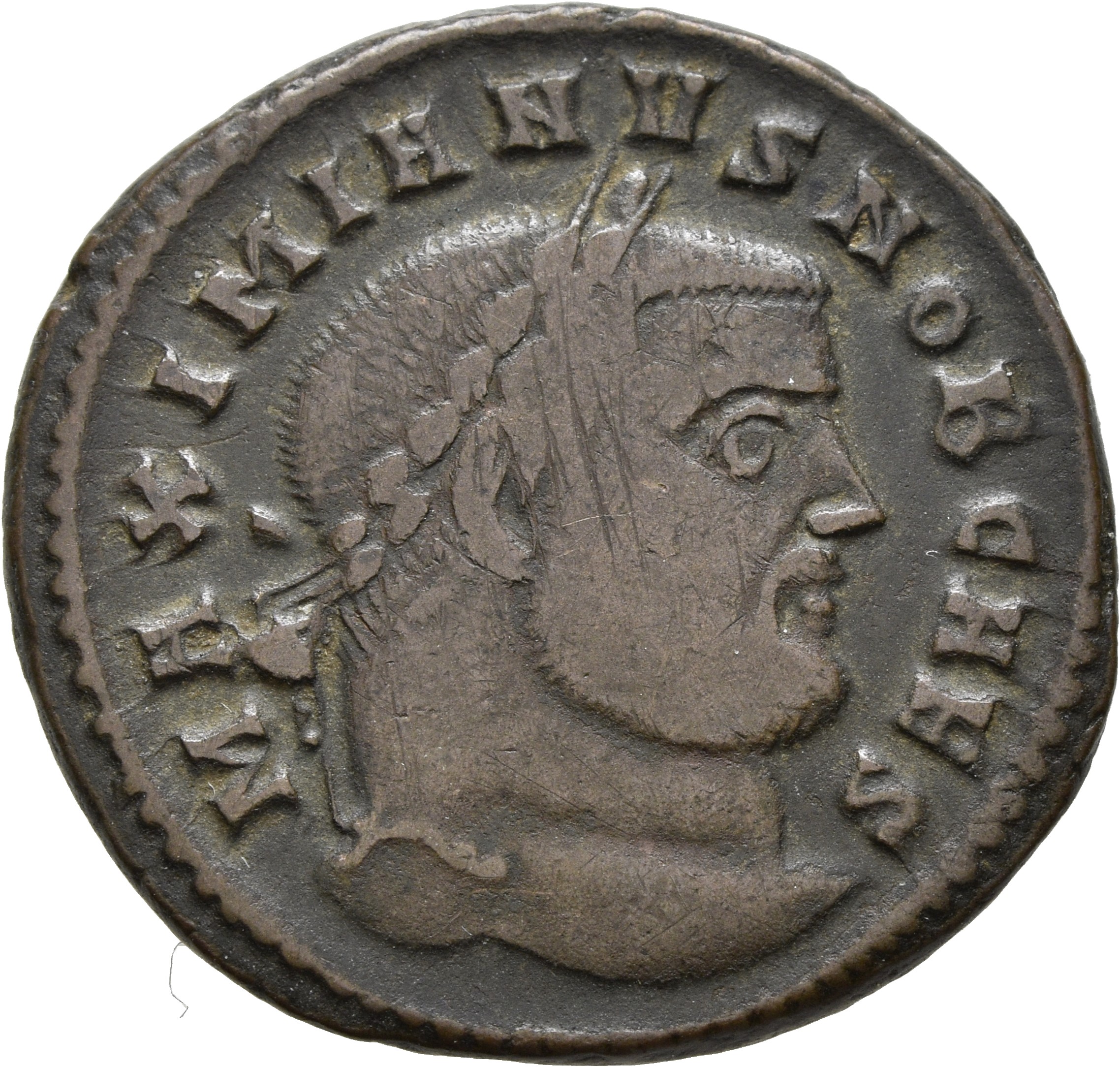 RIC VI Ticinum 44b Maximian obverse, Head of Galerius, laureate, right