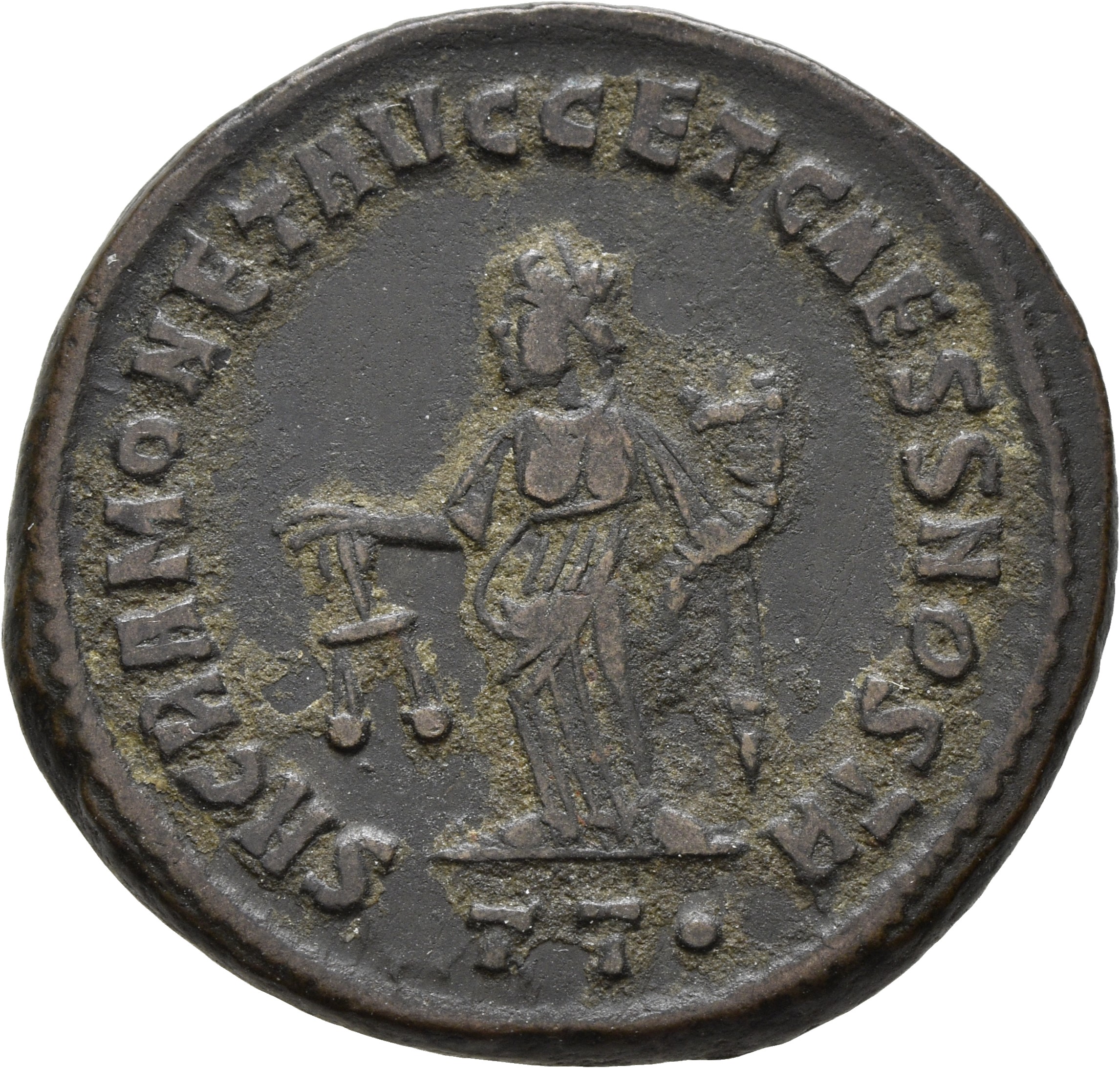 RIC VI Ticinum 44b Maximian reverse, Moneta, draped, standing left, holding scales in right hand and cornucopiae in left hand