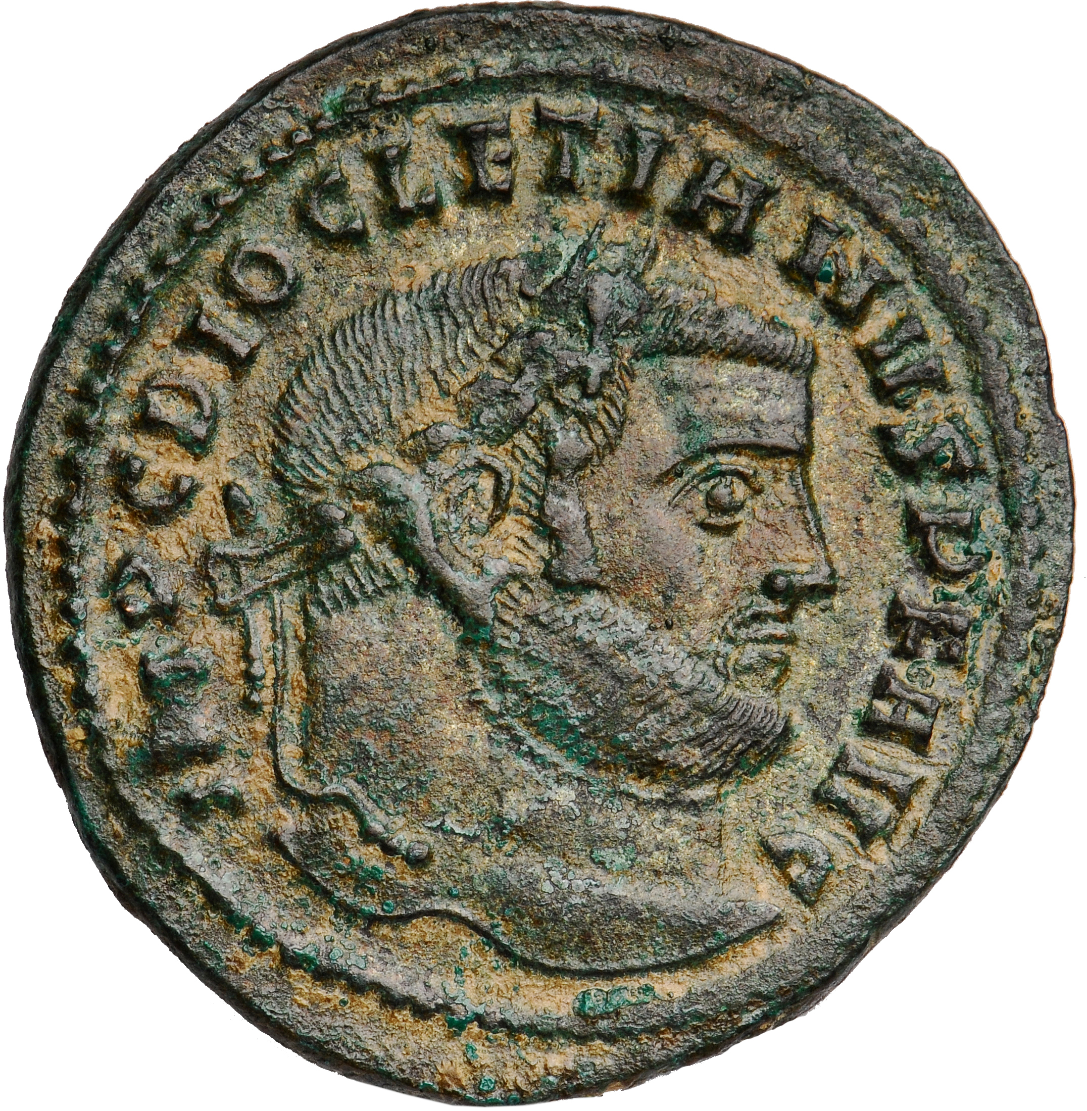 RIC VI Ticinum 45a Maximian obverse, Head of Diocletian, laureate, right