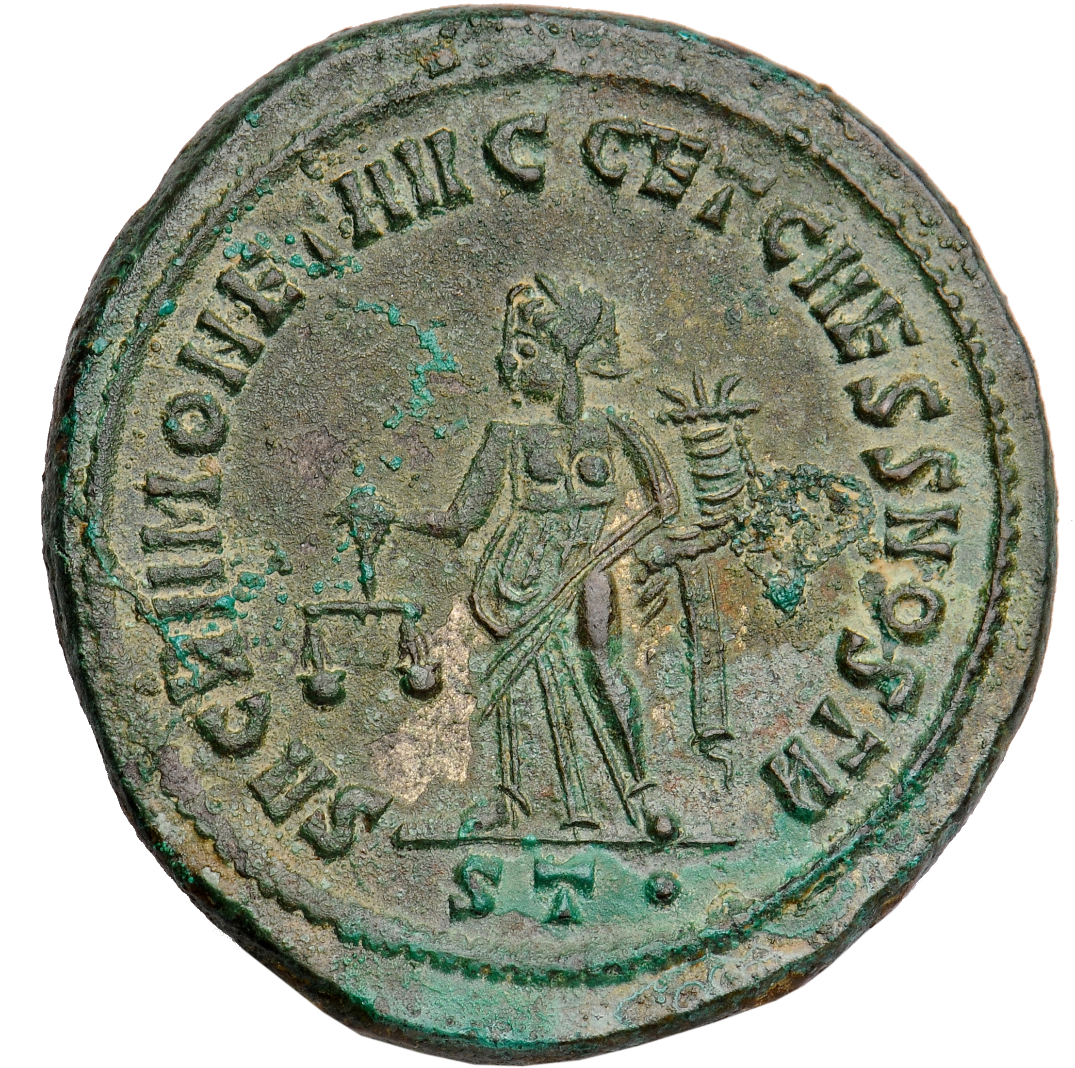 RIC VI Ticinum 45a Maximian reverse, Moneta, draped, standing left, holding scales in right hand and cornucopiae in left hand