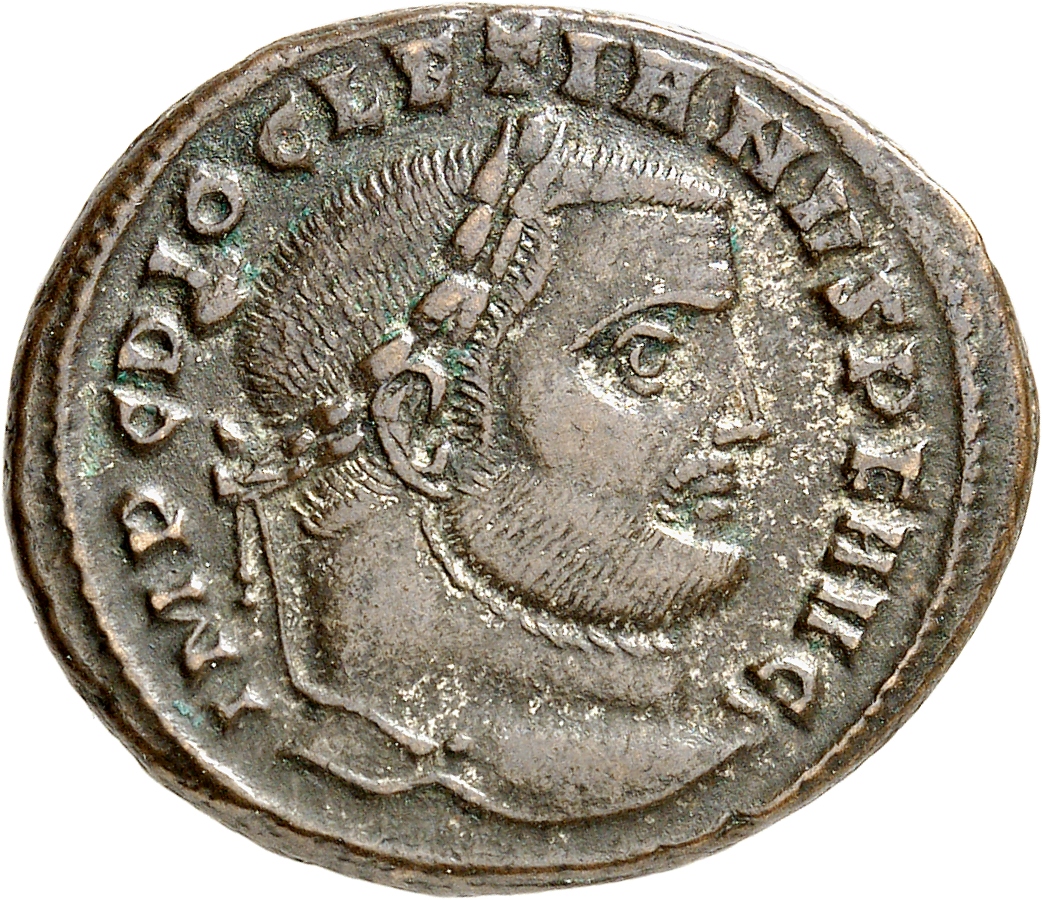 RIC VI Ticinum 45a Maximian obverse, Head of Diocletian, laureate, right